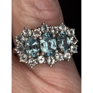 Blue Topaz Cluster Ring Size 6 Cubic Zirconia Gemstone 925 Sterling Silver
